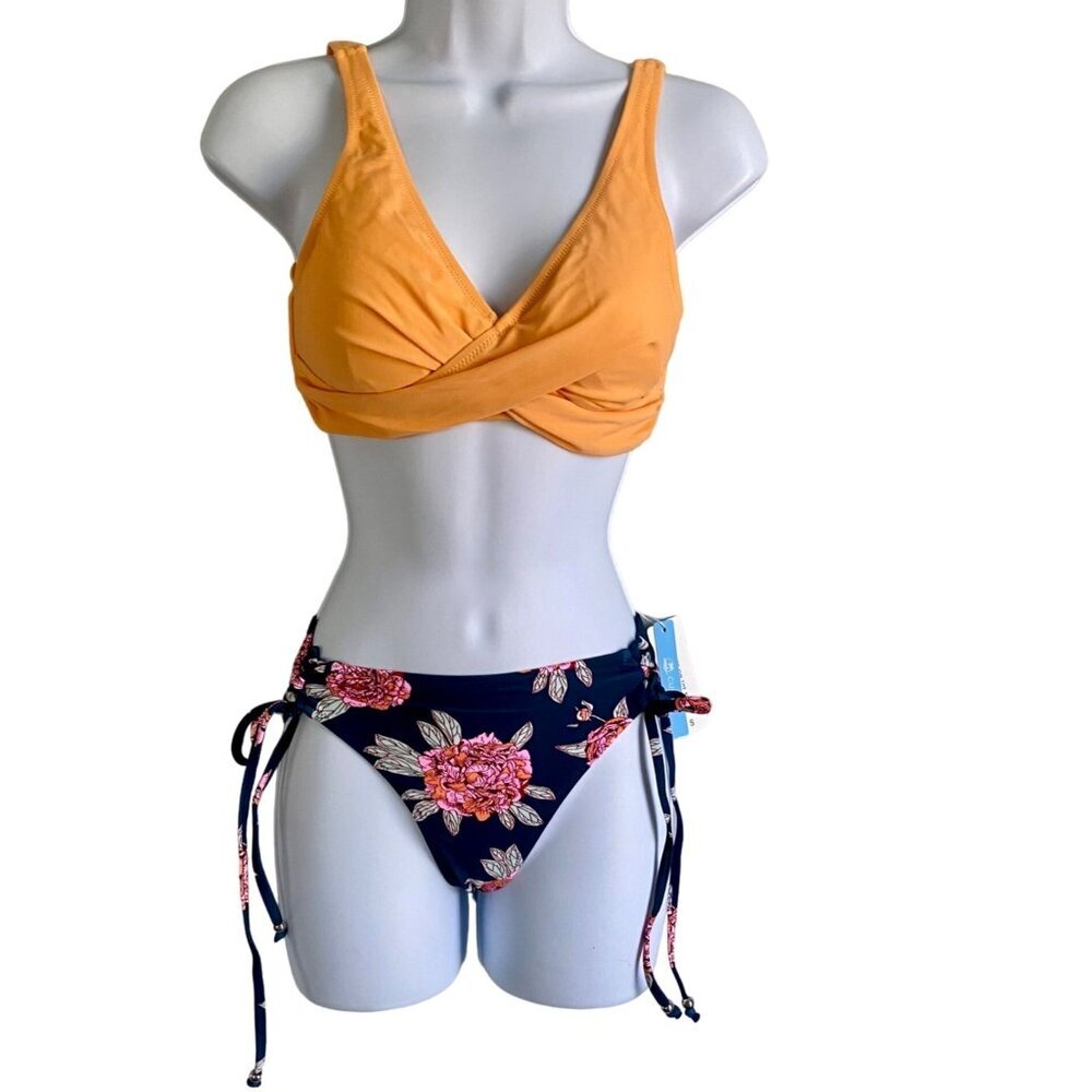Cupshe Solid Top Floral Bottom Bikini 2 Piece Swimsuit Set Women's Small NEW